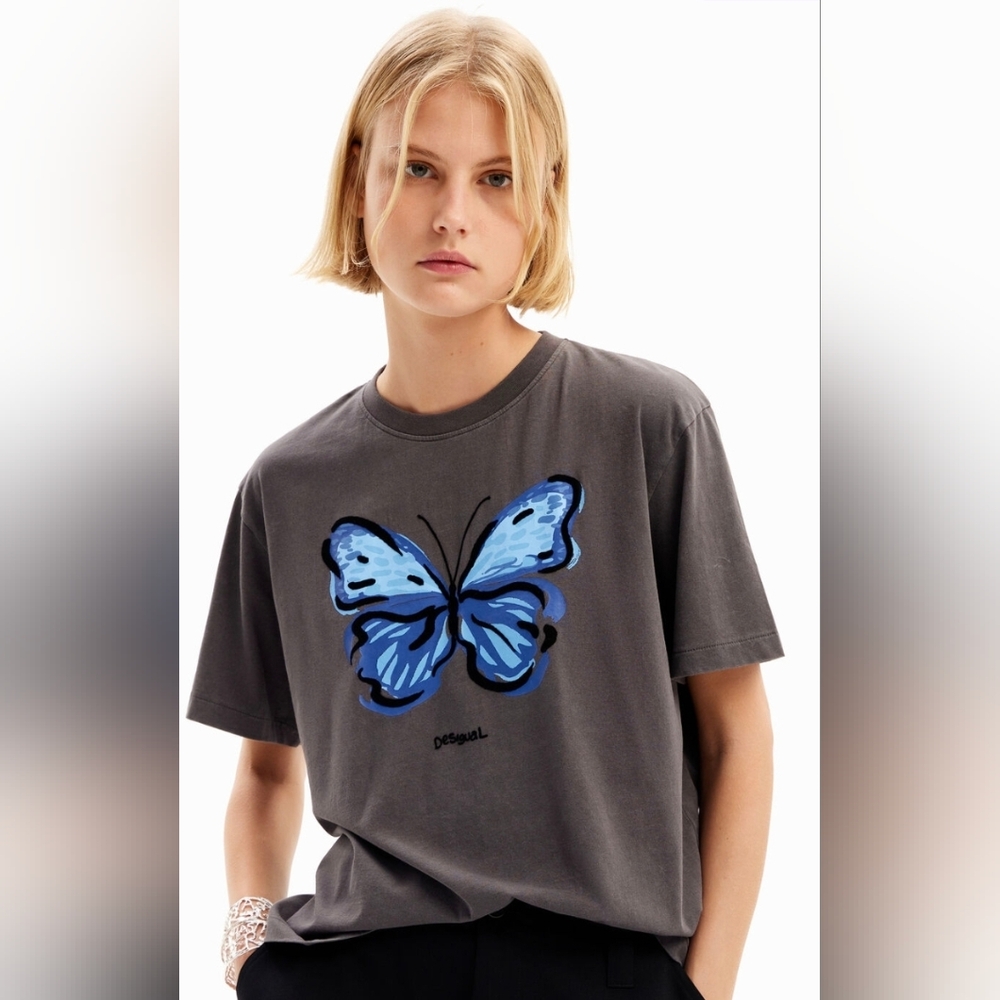 Desigual Gray Graphic T-Shirt with Short Sleeves and Boxy Fit